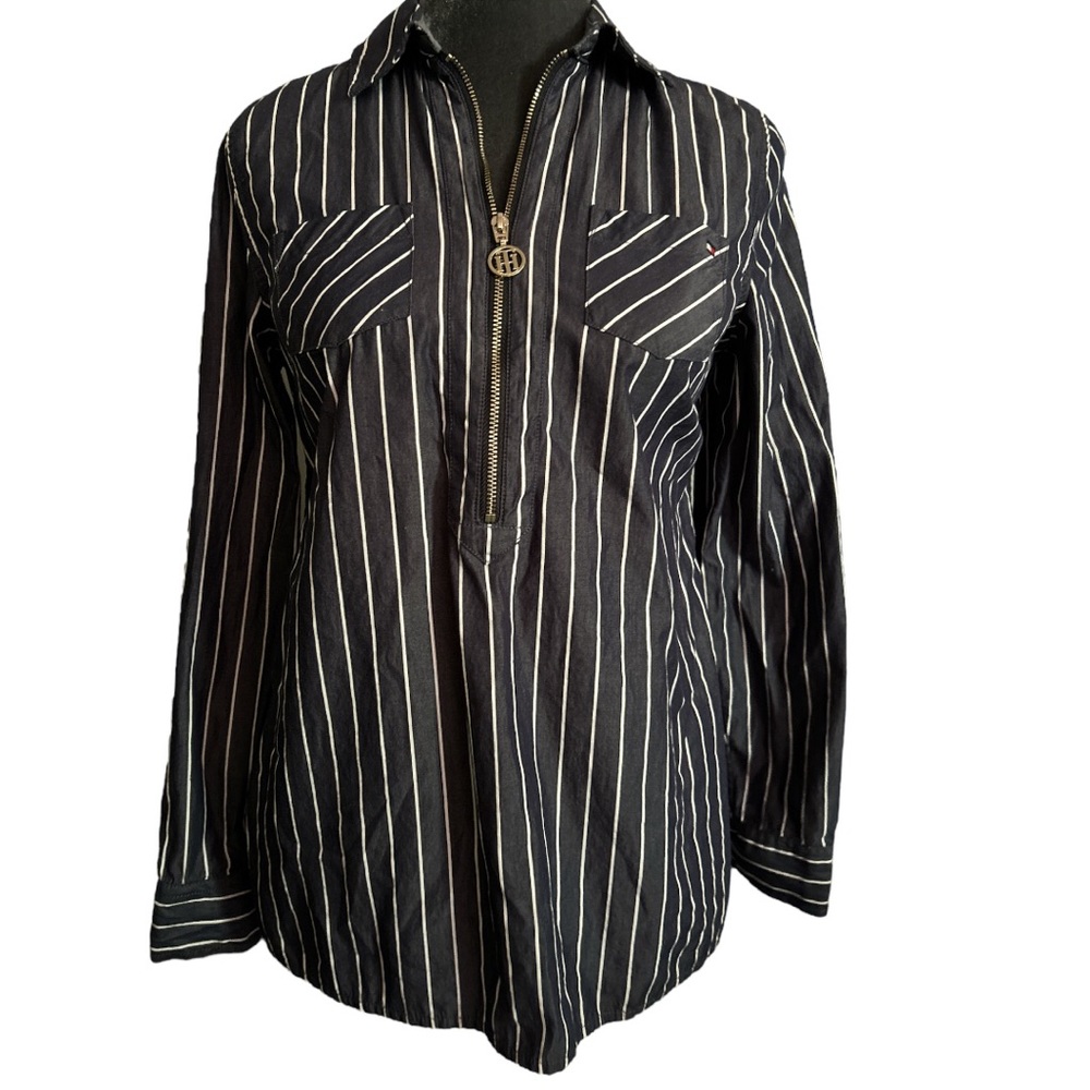 Tommy Hilfiger striped collared tunic zip up neckline button up sleeve